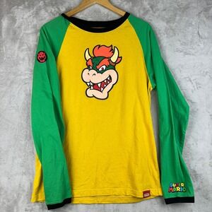Nintendo Super Mario Bowser Yellow Green Raglan Long Sleeve Shirt Size Large